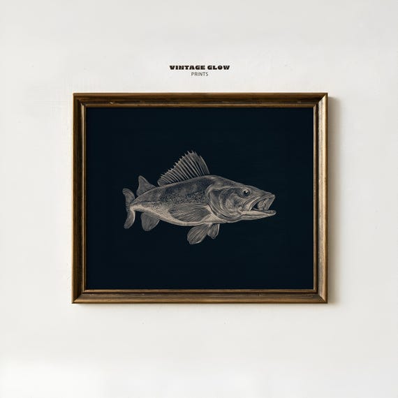 Fish Wall Art Print Rustic Fishing Cabin Decor Dark Blue Lake House Artwork Natureinspired Lodge V486