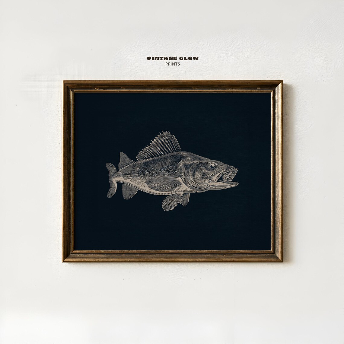 Engraved Game Fish Dark Navy Vintage Style Cabin Fishing Art Poster
