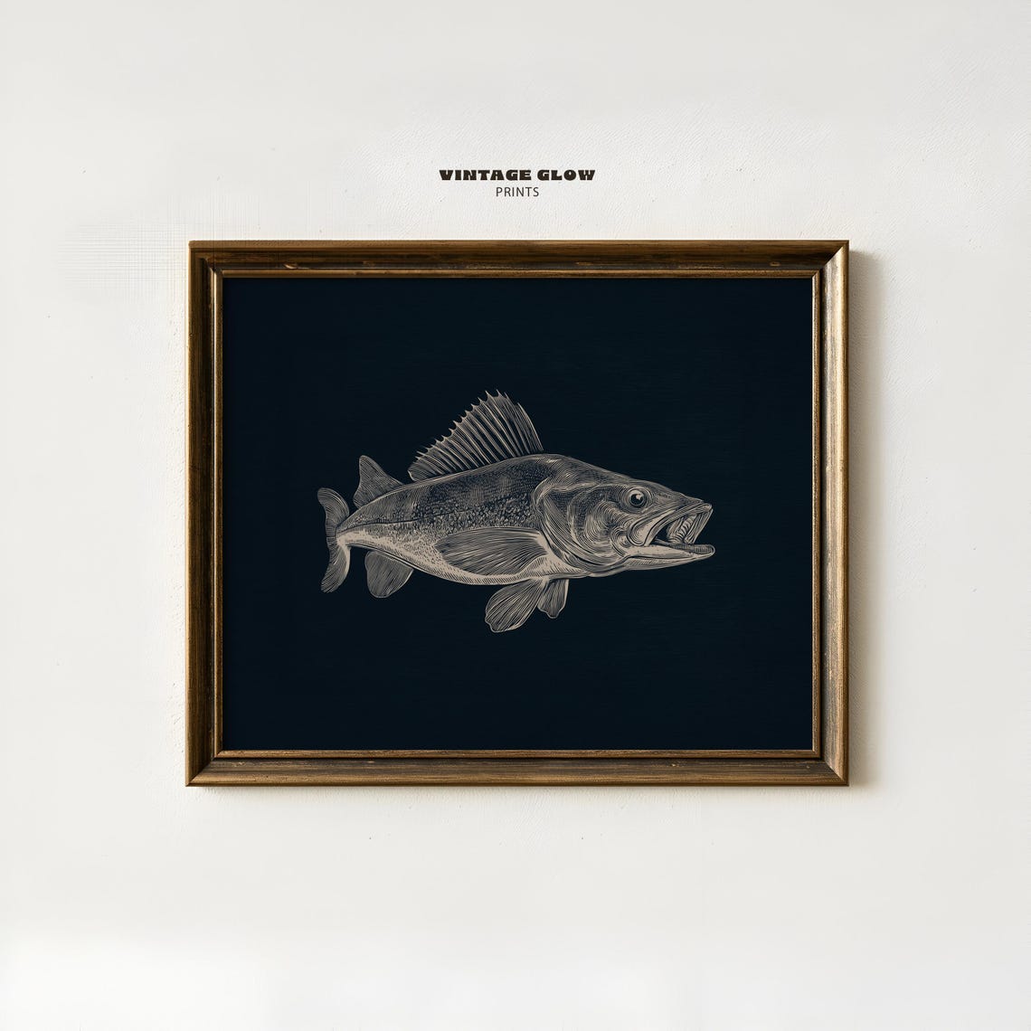 Fish Wall Art Print Rustic Fishing Cabin Decor Dark Blue Lake House Artwork Natureinspired Lodge V486