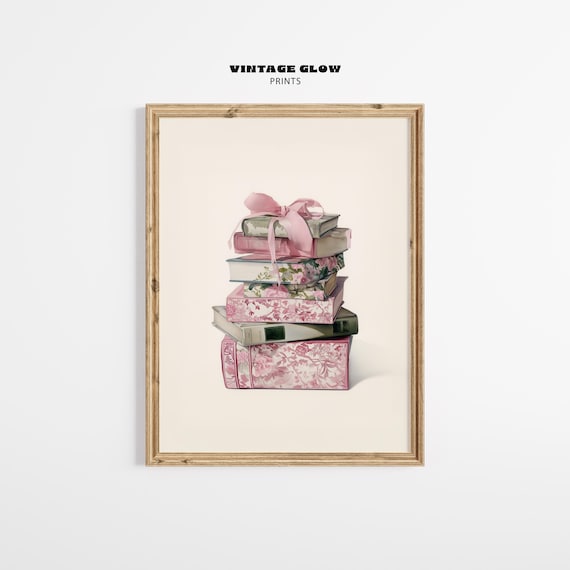 Pink Floral Book Stack Ribbon Coquette Bookish Library Print