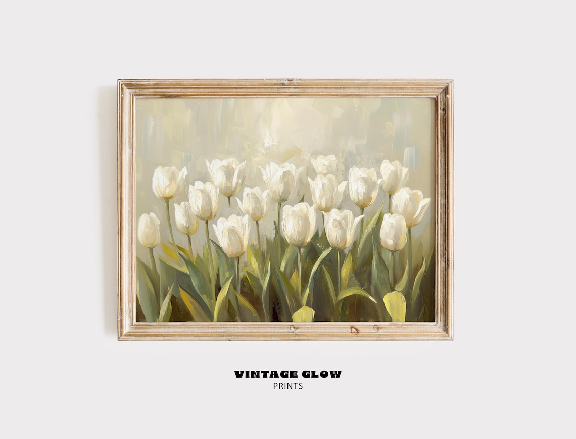 Vintage White Tulip Flower Print, French Country Decor