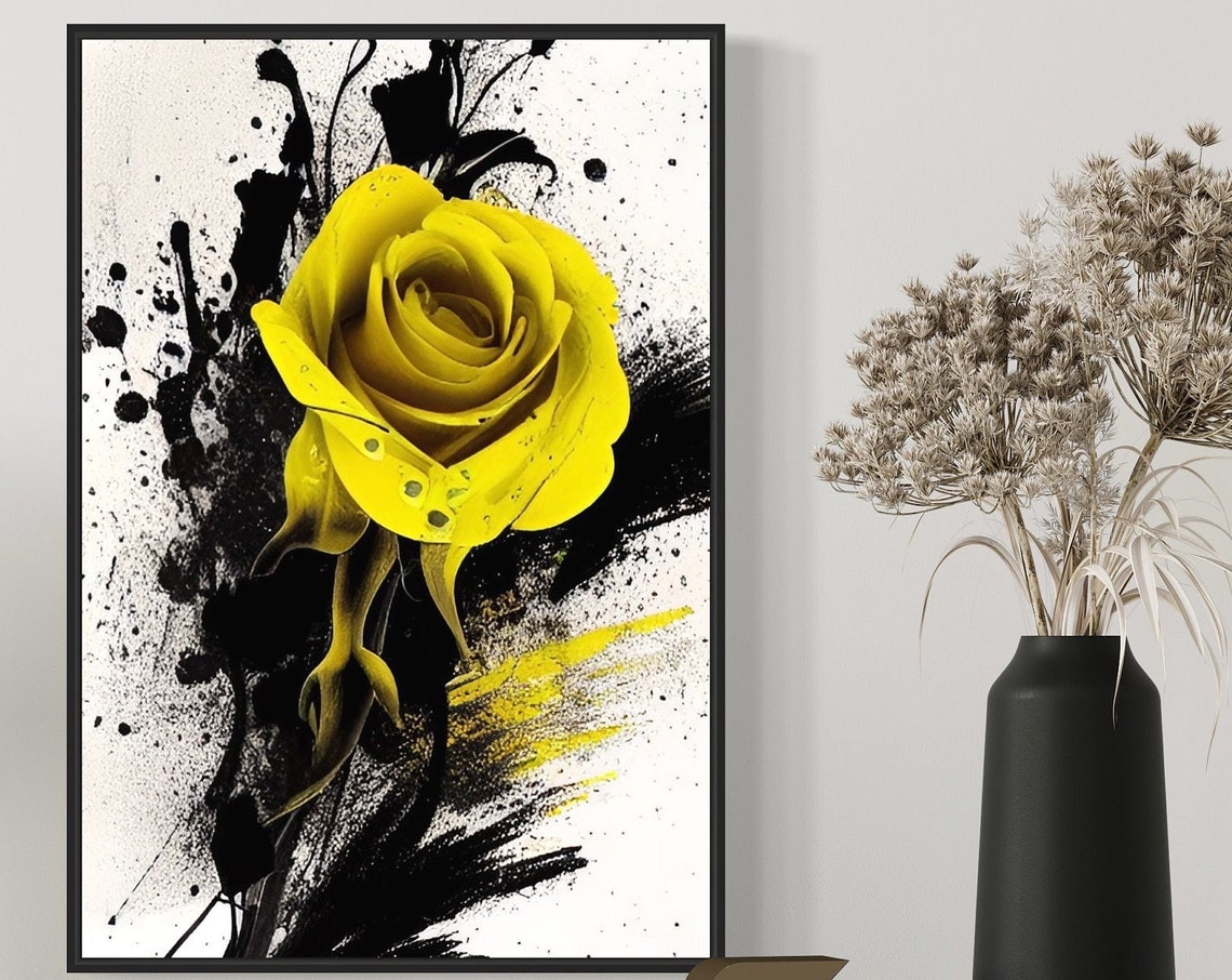 Yellow Rose on Black Ink Splatter Art Poster with Dramatic Contrast