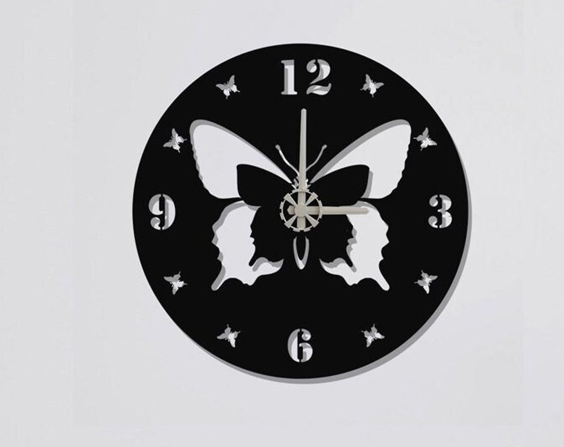 Butterfly Center Fluttering Round Black Metal Nature Lover Wall Clock