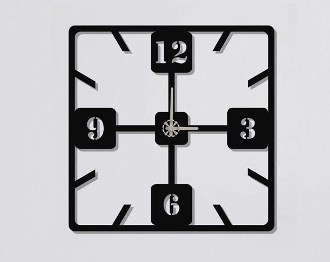 Square Minimalist Bold Numbers Black Metal Modern Geometric Wall Clock