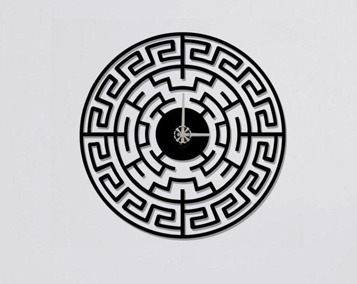 Greek Key Meander Pattern Round Black Metal Wall Clock Classic Decor