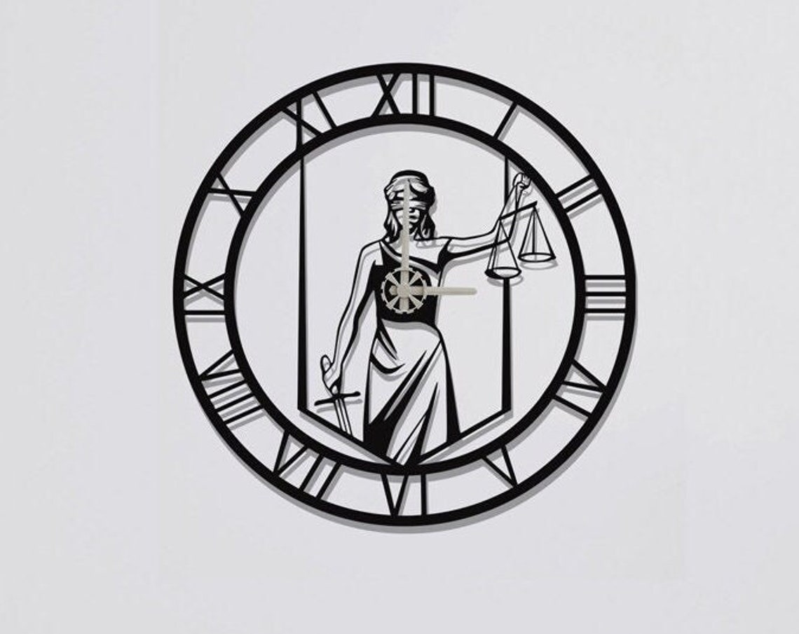 Lady Justice Themis Scales Black Metal Wall Clock Roman Numerals Decor