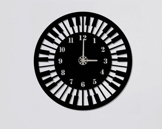 Piano Keyboard Round Black Metal Wall Clock Music Lover Minimalist Clock