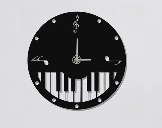 Piano Keys Treble Clef Music Notes Round Black Metal Musician Wall Clock