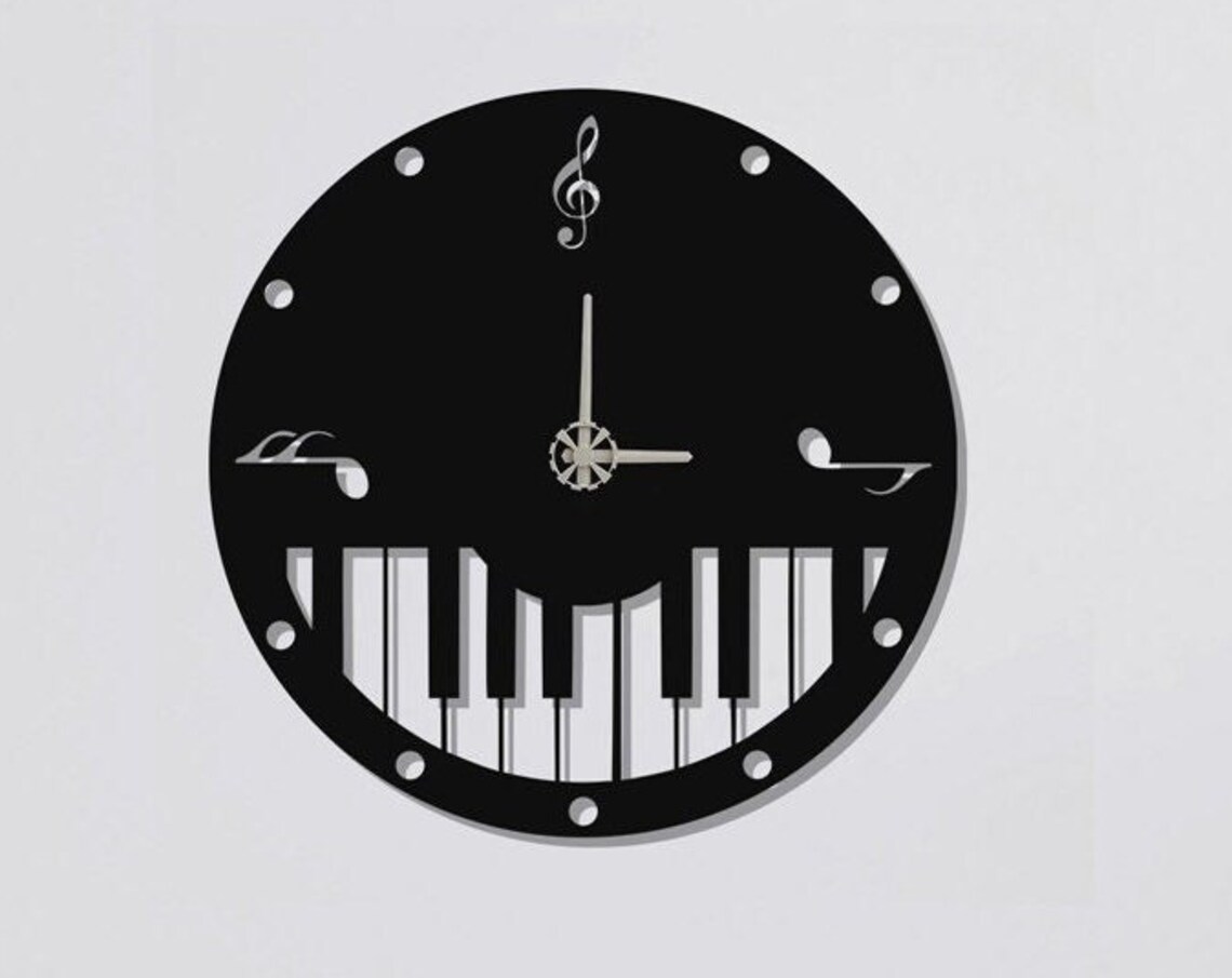 Piano Keys Treble Clef Music Notes Round Black Metal Musician Wall Clock