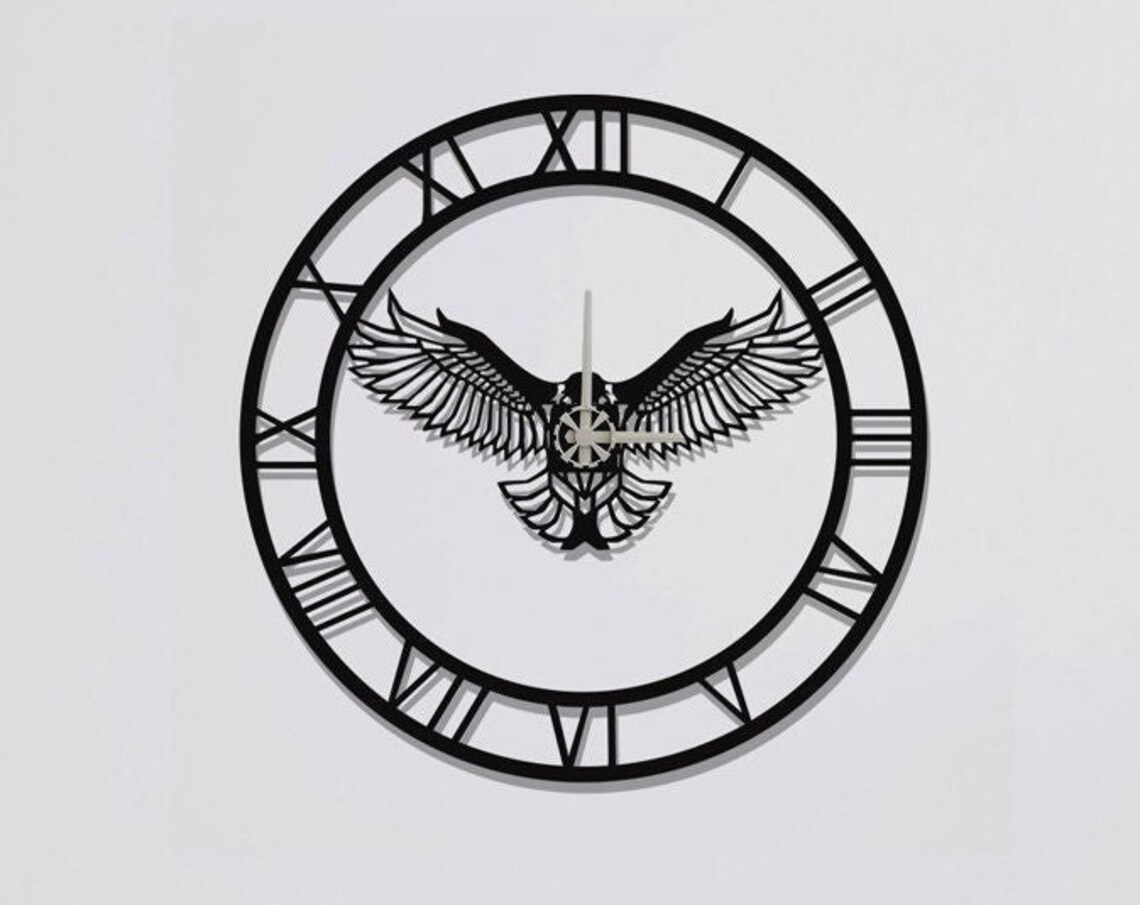 Flying Eagle Wings Black Metal Wall Clock Roman Numerals Office Decor