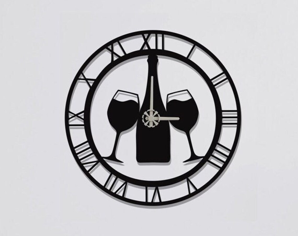 Wine Bottle Glasses Black Metal Wall Clock Roman Numerals Kitchen Decor
