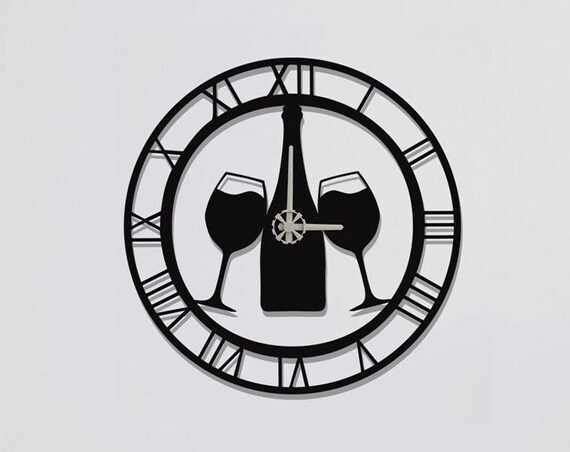 Wine Bottle Glasses Black Metal Wall Clock Roman Numerals Kitchen Decor