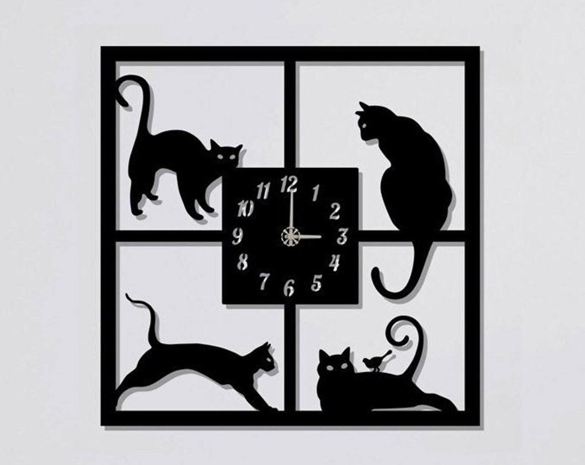 Four Black Cats Square Metal Wall Clock Playful Silhouette Decor