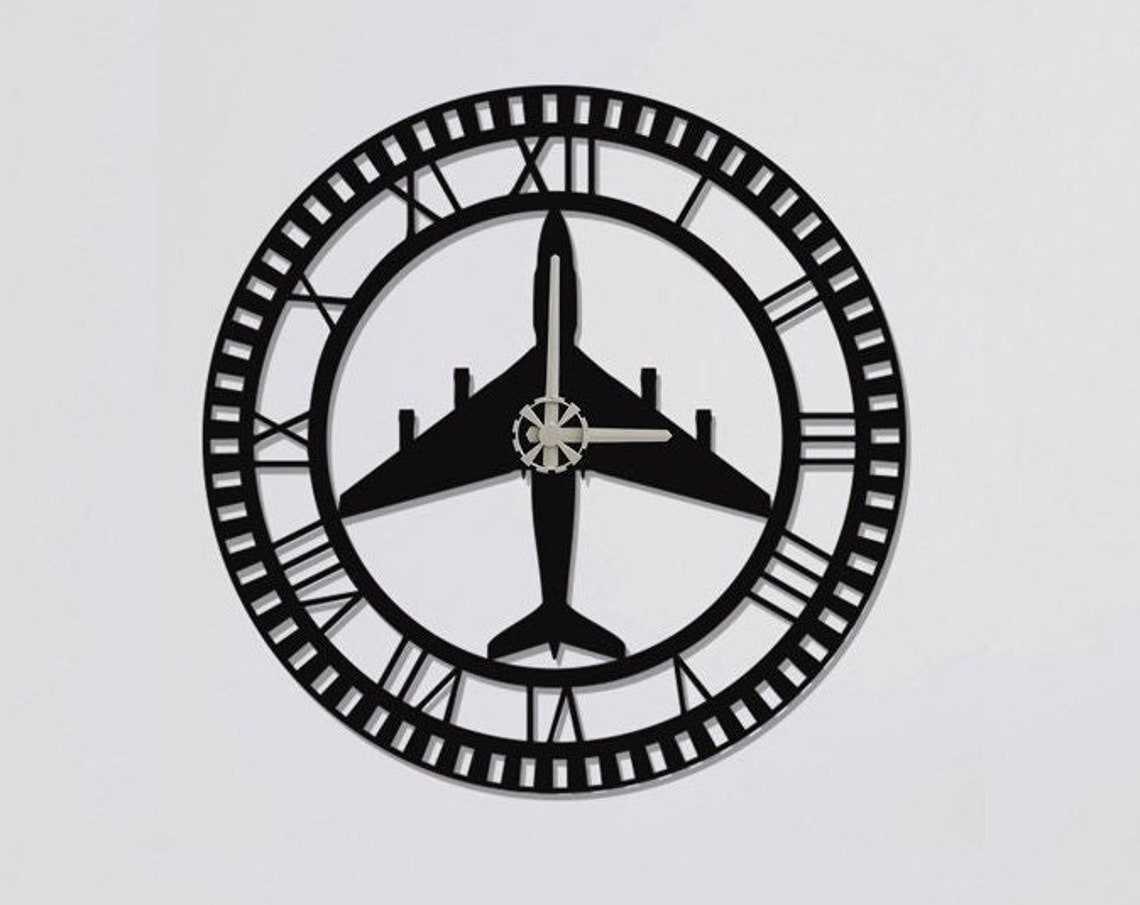 Airplane Jet Silhouette Roman Numerals Round Black Metal Wall Clock