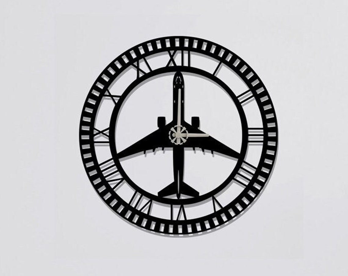 Airplane Silhouette Black Metal Wall Clock Roman Numerals Home Decor