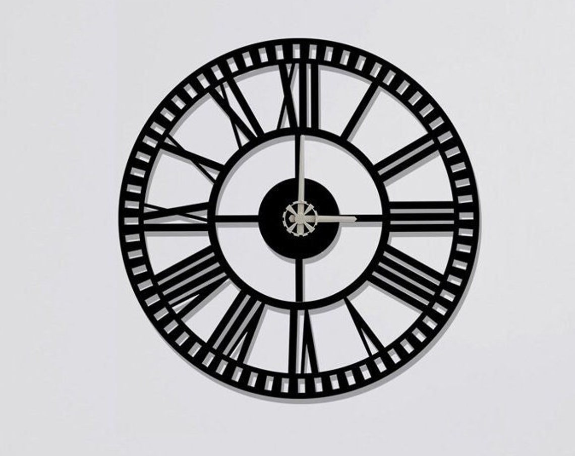 Oversized Roman Numerals Black Metal Wall Clock Skeleton Openwork