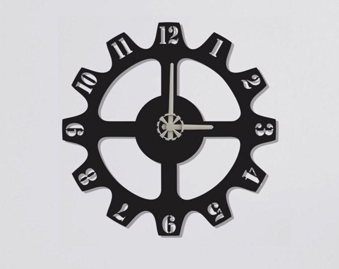 Industrial Gear Shaped Black Metal Wall Clock Cutout Numerals Decor