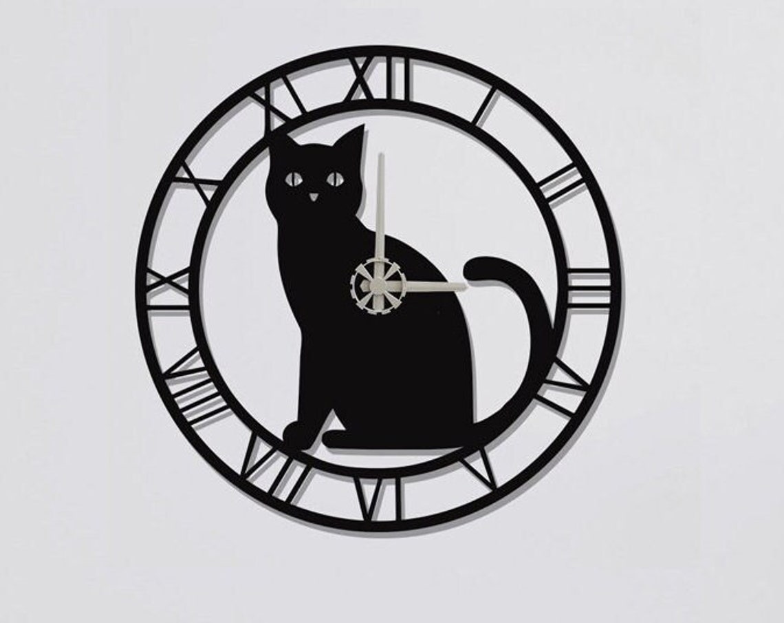 Sitting Black Cat Metal Wall Clock Roman Numerals Kitty Decor Gift