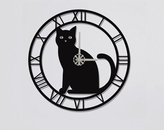 Sitting Black Cat Metal Wall Clock Roman Numerals Kitty Decor Gift