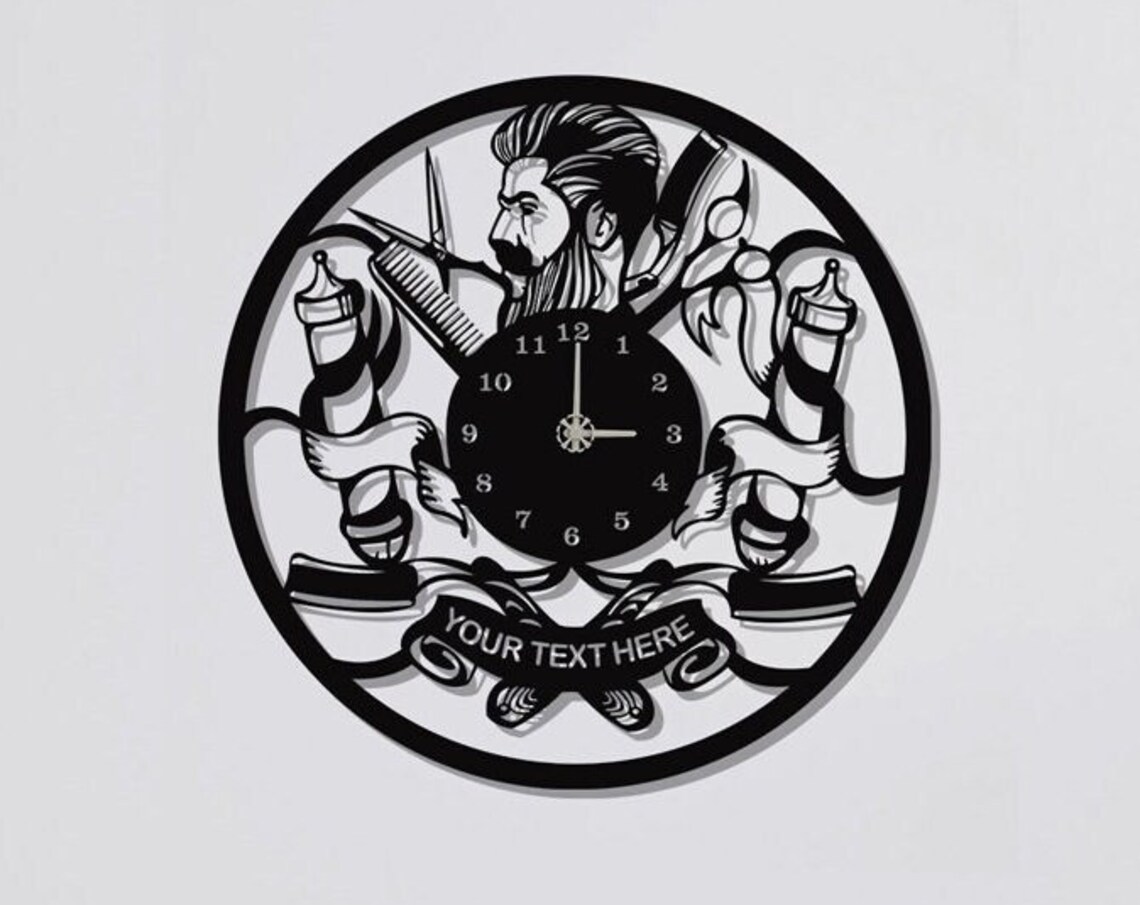 Personalized Barber Shop Poles Scissors Bearded Man Custom Metal Clock