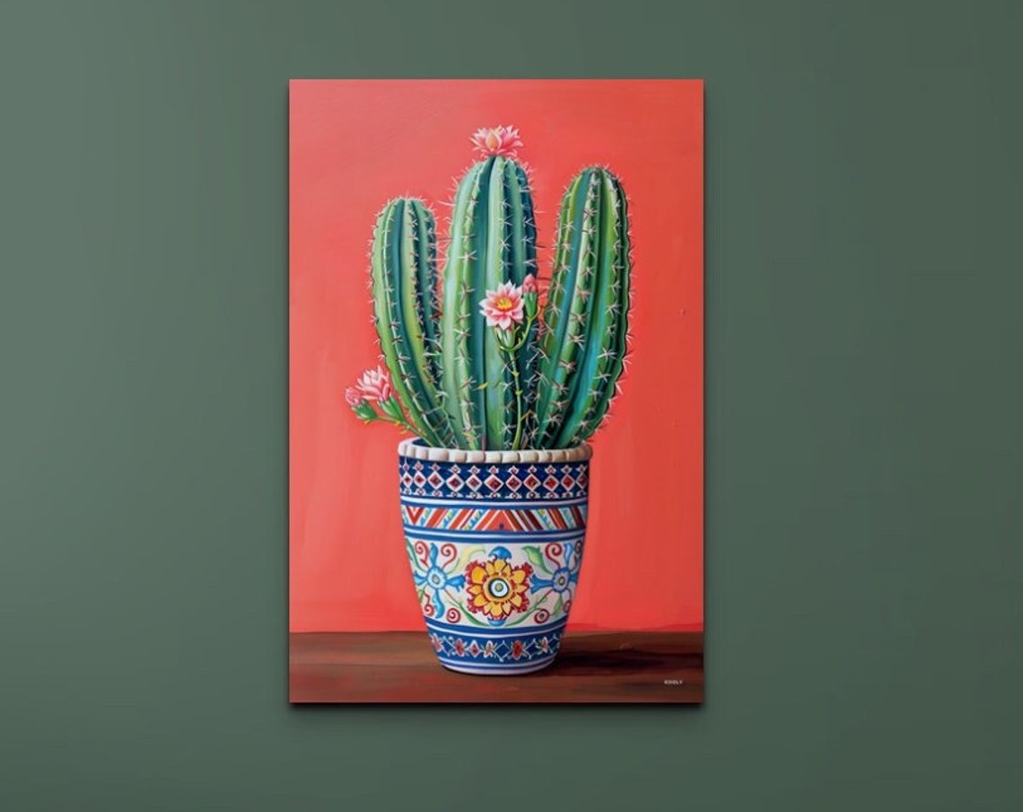 Flowering Cactus Patterned Pot Coral Background Southwest Wall Art