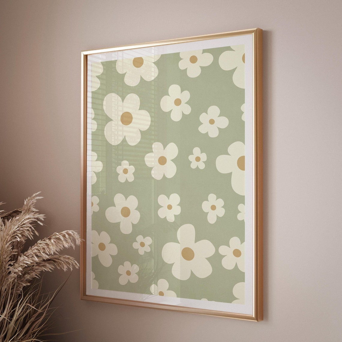 Sage Green Retro Daisy Floral Pattern Nursery Room Wall Print - Image 3