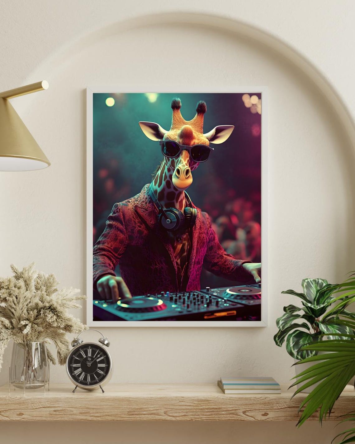 Cool Giraffe DJ Wearing Sunglasses Spinning Turntables Club Art Poster