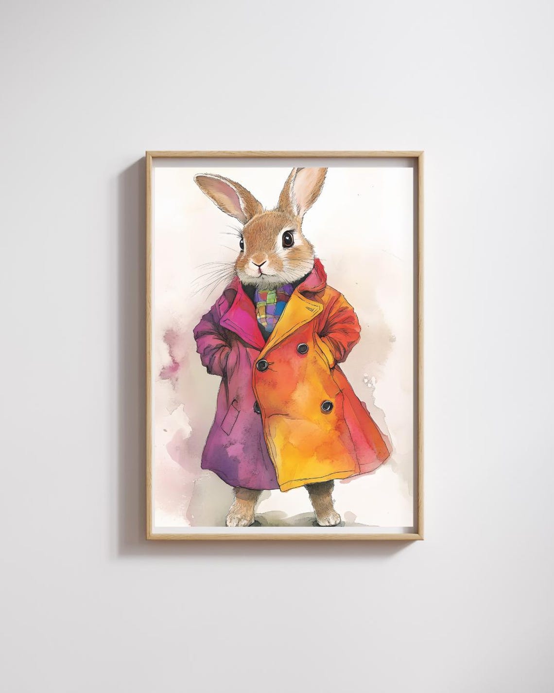 Bunny Rabbit in Rainbow Coat Watercolor Whimsical Animal Poster