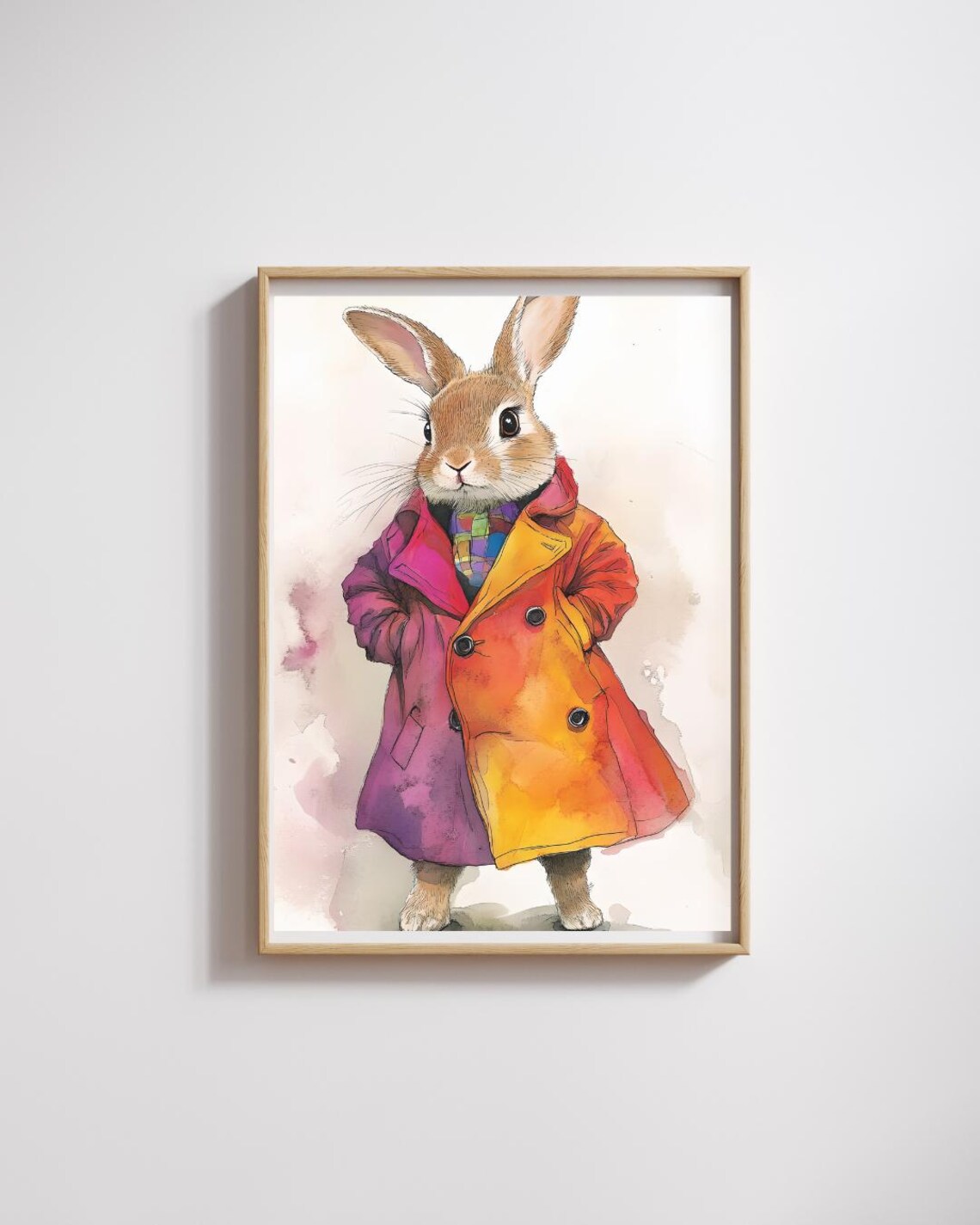 Whimsical Rabbit Watercolor Print Bright Trench Coat Animal Art