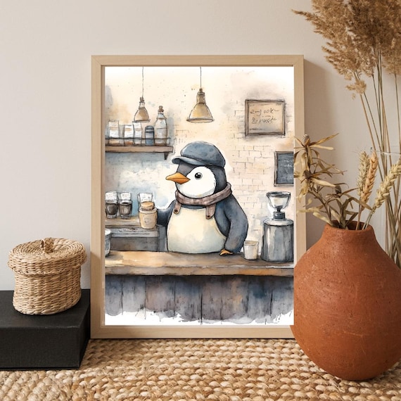 Penguin Barista in Cozy Coffee Shop Watercolor Cafe Art Poster