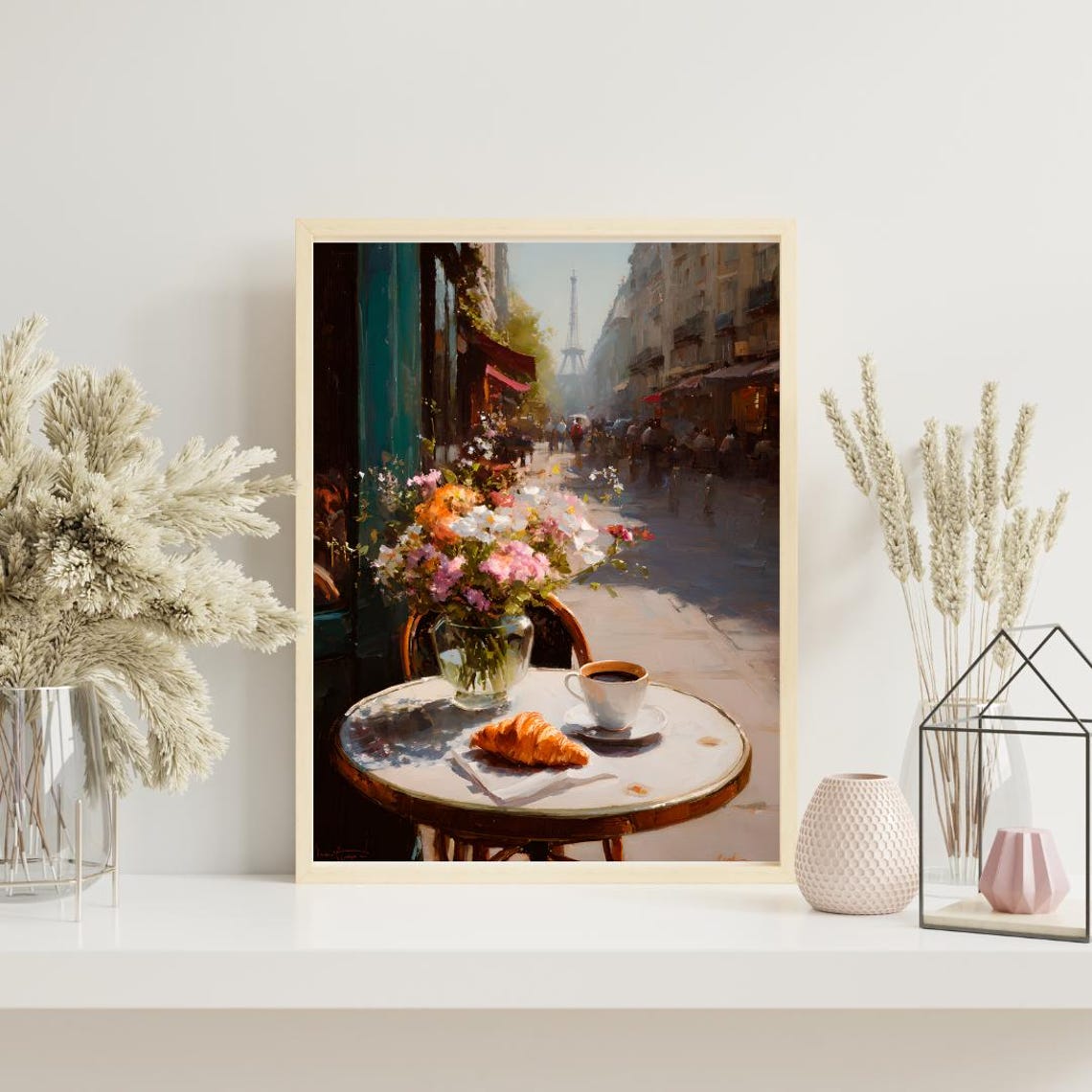 Paris Cafe Eiffel Tower Street Coffee Croissant Painting Poster