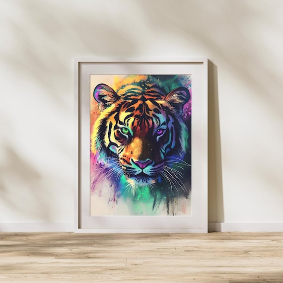 Neon Tiger Watercolor Portrait Print Colorful Jungle Cat Wall Decor