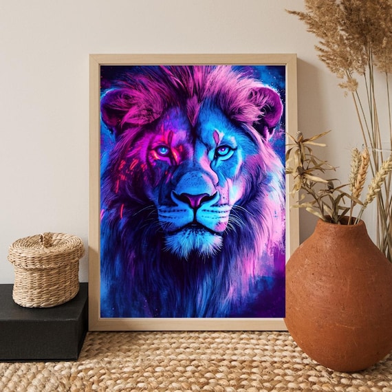 Neon Lion Watercolor Art Print Fierce Jungle Wall Decor
