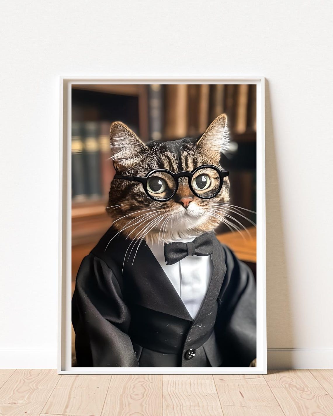 Tabby Cat Professor in Bow Tie Glasses Portrait Funny Animal Poster