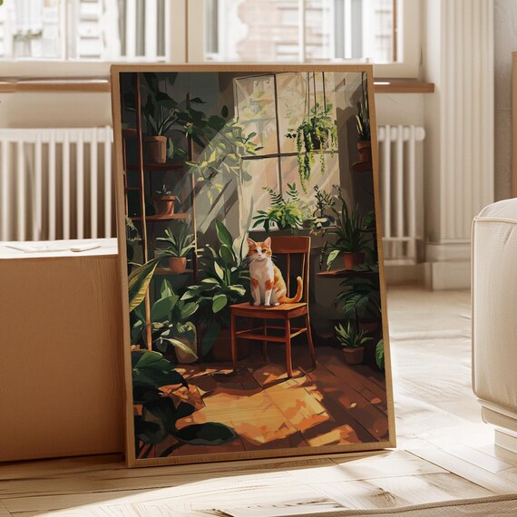 Orange Tabby Cat Poster Sitting Among Houseplants In Sunlit Window