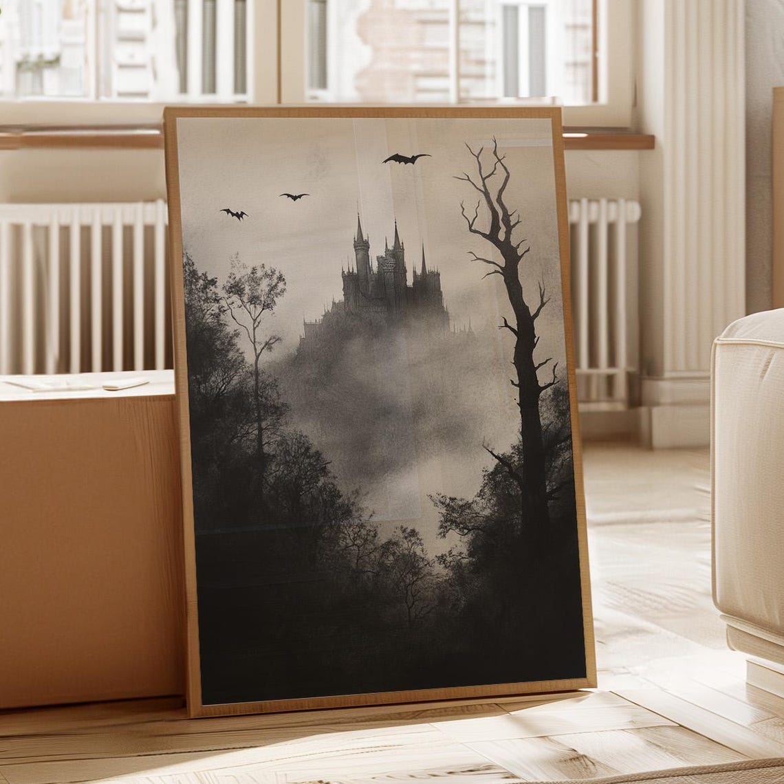 Gothic Haunted Castle In Foggy Forest With Flying Bats Poster