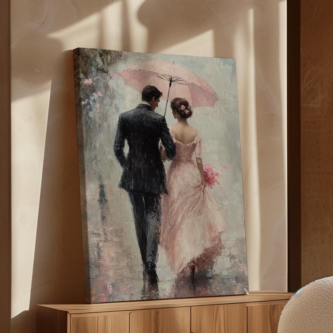 Romantic Stroll In Rain Couple Under Pink Umbrella Elegant Love Poster