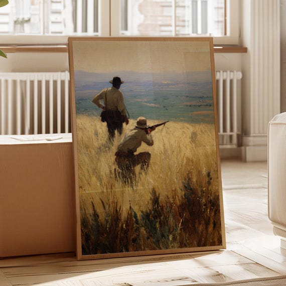 Vintage Oil Painting Of Hunters In Wheat Field Rustic Western Canvas Wall Art With Riflemen Overlooking Scenic Valley Landscape