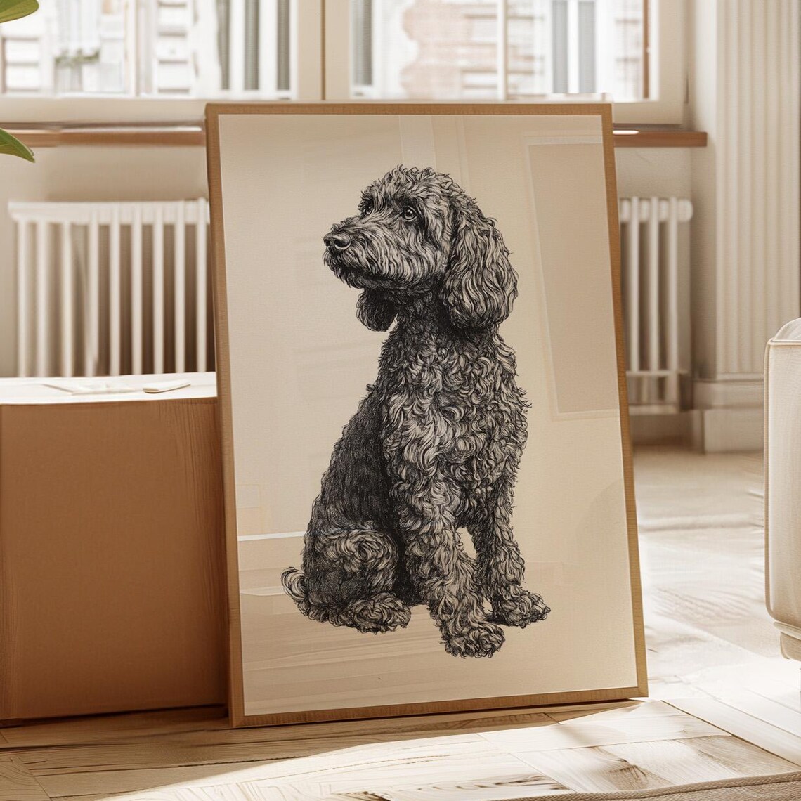 Black Curly Doodle Dog Ink Sketch Profile Pet Portrait Poster