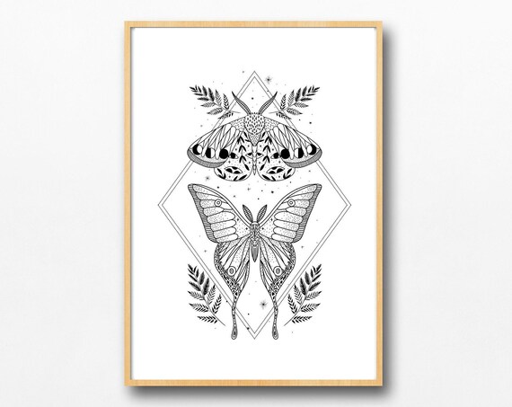 Celestial Moth Moon Phase Boho Mystical Geometric Diamond Line Art Poster