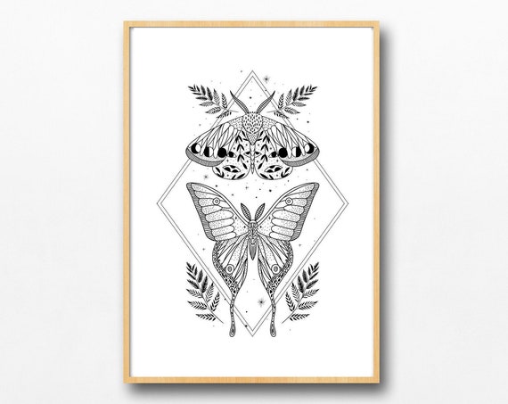Celestial Mystic Moths Moon Stars Print Femme Boho Witch Aesthetic Decor Apothecary Magic Vintage Zodiac Art Minimal Ink Sketch