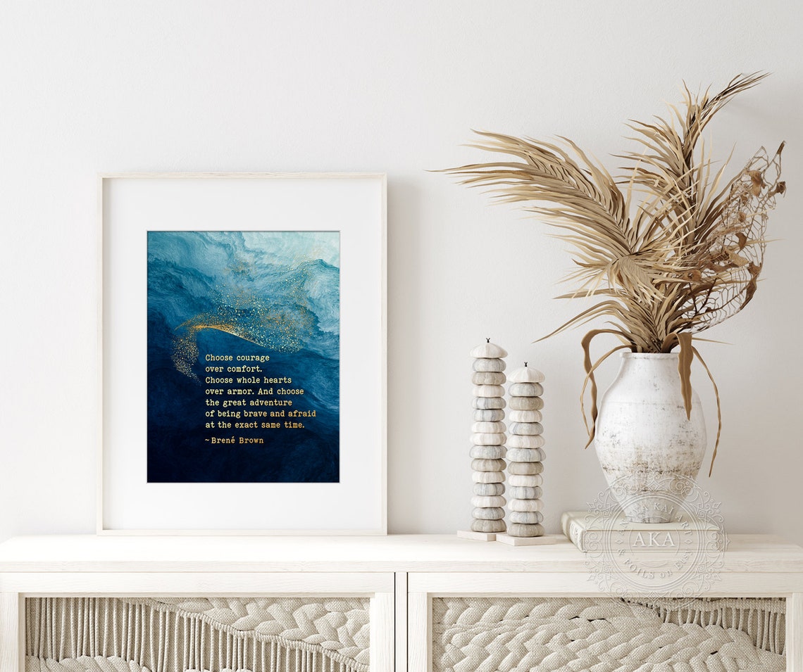 Choose Courage Over Comfort Brene Brown Blue Wave Watercolor Wall Art - Image 5