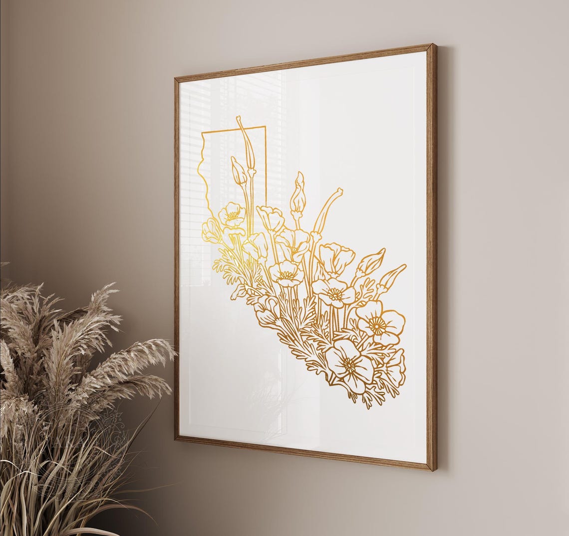 California State Map Gold Poppies Floral Home Decor Wall Art - Image 3