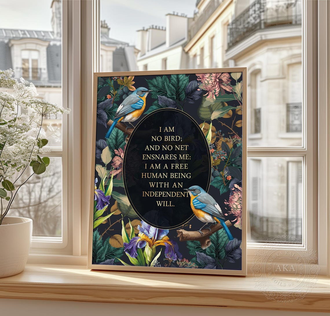 I Am No Bird Jane Eyre Quote Dark Botanical Birds Gold Wall Art - Image 4