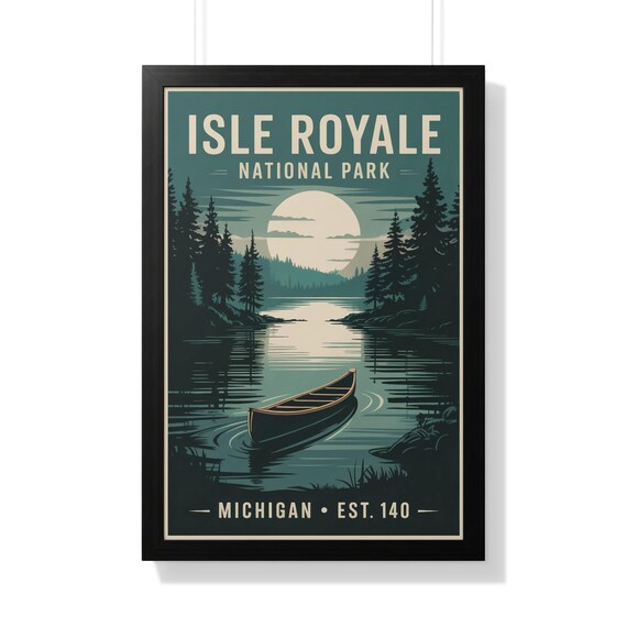Isle Royale National Park Michigan Canoe Moonrise Lake Vintage Poster