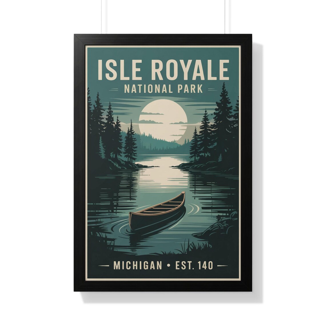 Isle Royale National Park Michigan Canoe Moonrise Lake Vintage Poster