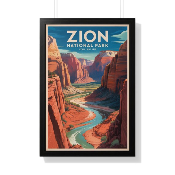 Zion National Park Utah Red Canyon River Retro Vintage Travel Poster