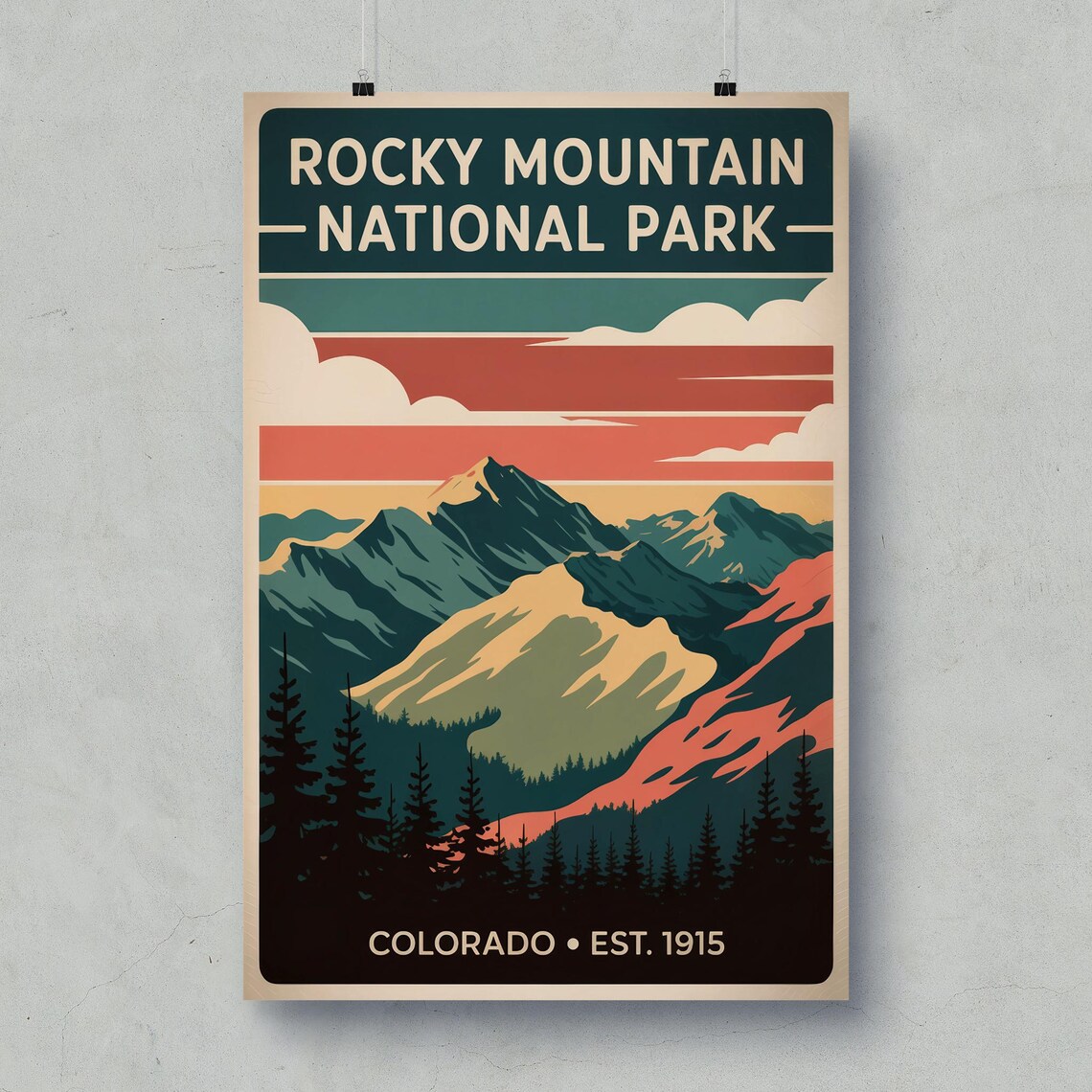 Rocky Mountain National Park Sunset Peaks Retro Stripes Wilderness Travel Poster