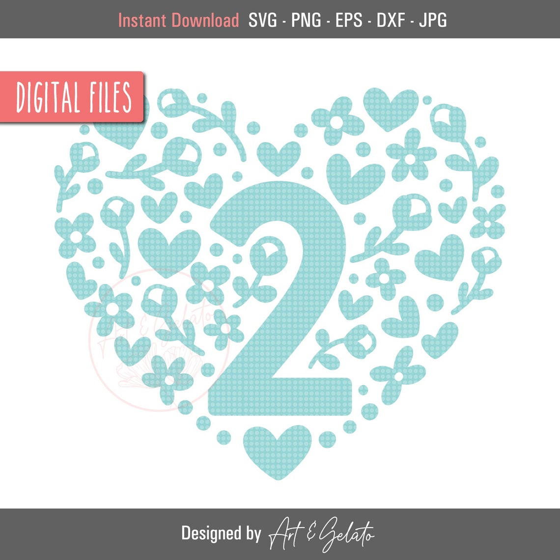 Number Two Aqua Floral Heart Script Second Birthday Party Decor Poster