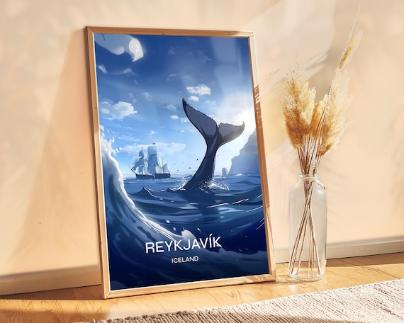 Reykjavik Iceland Whale Tail Sailing Ship Ocean Travel Poster
